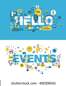 Set of modern vector illustration concepts of words hello and events. Thin line flat design banners for website and mobile website, easy to use and highly customizable.