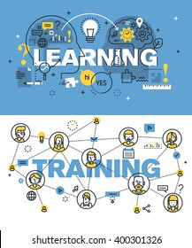 Set of modern vector illustration concepts of words learning and training. Thin line flat design banners for website and mobile website, easy to use and highly customizable.