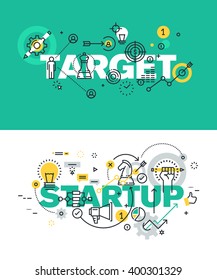 Set of modern vector illustration concepts of words target and startup. Thin line flat design banners for website and mobile website, easy to use and highly customizable.