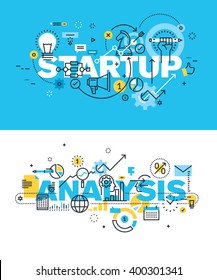 Set of modern vector illustration concepts of words startup and analysis. Thin line flat design banners for website and mobile website, easy to use and highly customizable.