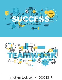 Set of modern vector illustration concepts of words success and teamwork. Thin line flat design banners for website and mobile website, easy to use and highly customizable.