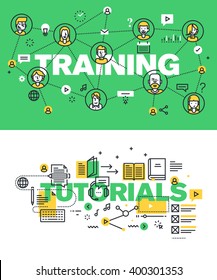 Set of modern vector illustration concepts of words training and tutorials. Thin line flat design banners for website and mobile website, easy to use and highly customizable.