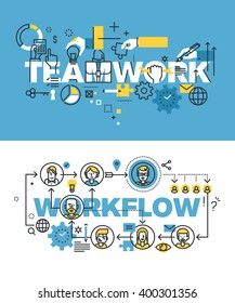 Set of modern vector illustration concepts of words teamwork and workflow. Thin line flat design banners for website and mobile website, easy to use and highly customizable.