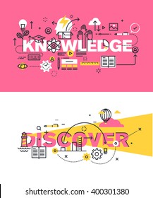 Set of modern vector illustration concepts of words knowledge and discover. Thin line flat design banners for website and mobile website, easy to use and highly customizable.