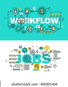 Set of modern vector illustration concepts of words workflow and jobs. Thin line flat design banners for website and mobile website, easy to use and highly customizable.