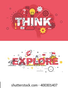 Set of modern vector illustration concepts of words think and explore. Thin line flat design banners for website and mobile website, easy to use and highly customizable.