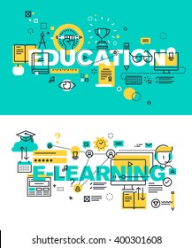 Set of modern vector illustration concepts of words education and e-learning. Thin line flat design banners for website and mobile website, easy to use and highly customizable.