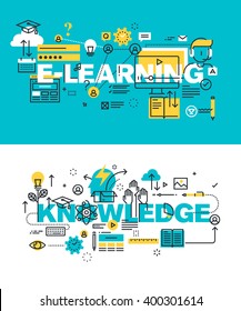 Set of modern vector illustration concepts of words e-learning and knowledge. Thin line flat design banners for website and mobile website, easy to use and highly customizable.