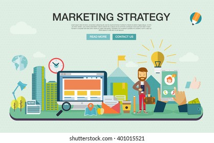 Set of modern vector illustration concepts of words strategy and marketing. Flat design banners for website and mobile website, easy to use and highly customizable. Infographics elements.