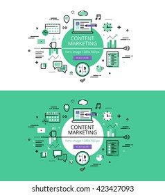 Set of modern vector illustration concepts of creating site content. Line flat design hero banners for websites and apps with call to action button, ready to use