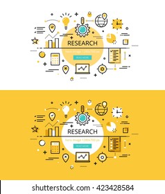 Set Of Modern Vector Illustration Concepts Of Market Research. Line Flat Design Hero Banners For Websites And Apps With Call To Action Button, Ready To Use