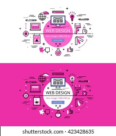 Set of modern vector illustration concepts of web design process. Line flat design hero banners for websites and apps with call to action button, ready to use