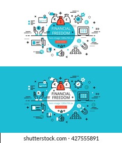 Set of modern vector illustration concepts of financial independence. Line flat design hero banners for websites and apps with call to action button, ready to use