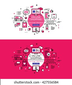 Set of modern vector illustration concepts of shopping on the internet. Line flat design hero banners for websites and apps with call to action button, ready to use