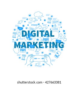 Set of modern vector illustration concepts of words digital marketing. Thin line flat design banners for website and mobile website, easy to use and highly customizable.