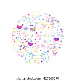 Set of modern vector illustration concepts of words digital marketing. Thin line flat design banners for website and mobile website, easy to use and highly customizable.