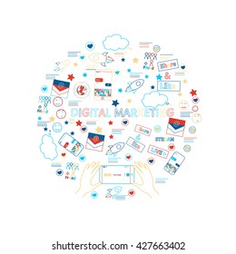 Set of modern vector illustration concepts of words digital marketing. Thin line flat design banners for website and mobile website, easy to use and highly customizable.