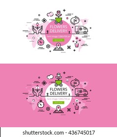 Set of modern vector illustration concepts of delivering flowers. Line flat design hero banners for websites and apps with call to action button, ready to use