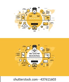 Set of modern vector illustration concepts of taxi reservation. Line flat design hero banners for websites and apps with call to action button, ready to use