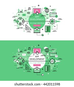 Set of modern vector illustration concepts of applications development. Line flat design hero banners for websites and apps with call to action button, ready to use