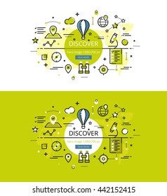 Set of modern vector illustration concepts of discovery process. Line flat design hero banners for websites and apps with call to action button, ready to use