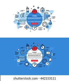 Set of modern vector illustration concepts of timing. Line flat design hero banners for websites and apps with call to action button, ready to use
