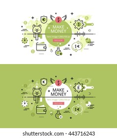 Set of modern vector illustration concepts of earning money. Line flat design hero banners for websites and apps with call to action button, ready to use