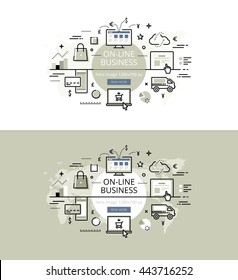Set of modern vector illustration concepts of business on-line. Line flat design hero banners for websites and apps with call to action button, ready to use