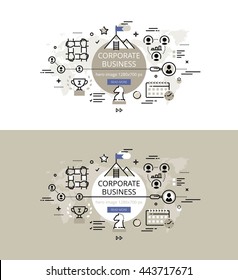 Set of modern vector illustration concepts of business processes. Line flat design hero banners for websites and apps with call to action button, ready to use