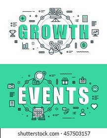 Set of modern vector illustration concepts of words growth and events. Thin line flat design banners for website, mobile website and presentation.