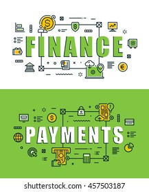 Set of modern vector illustration concepts of words finance and payments. Thin line flat design banners for website, mobile website and presentation.