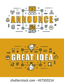 Set of modern vector illustration concepts of words announce and great idea. Thin line flat design banners for website, mobile website and presentation.