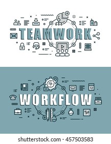 Set of modern vector illustration concepts of words teamwork and work flow. Thin line flat design banners for website, mobile website and presentation.