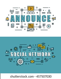 Set of modern vector illustration concepts of words announce and social network. Thin line flat design banners for website, mobile website and presentation.
