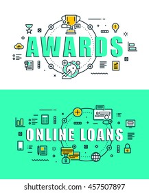 Set of modern vector illustration concepts of words awards and on-line loans. Thin line flat design banners for website, mobile website and presentation.