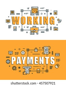 Set of modern vector illustration concepts of words working and payments. Thin line flat design banners for website, mobile website and presentation.