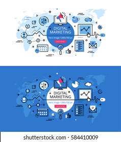 Set of modern vector illustration concepts of digital marketing. Line flat design hero banners for websites and apps with call to action button, ready to use