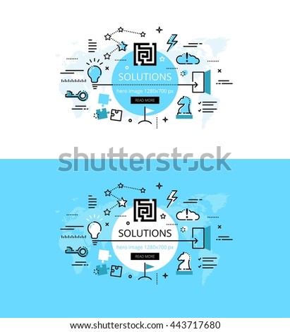 Set of modern vector illustration concepts of business solutions. Line flat design hero banners for websites and apps with call to action button, ready to use