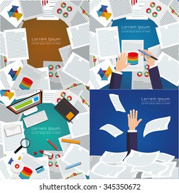 Set of modern vector illustration. Top view of desk background with digital devices, office objects with papers and documents.