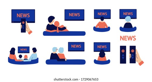 Set of modern vector illustrations isolated on white. Happy family watching news. Parents, grandparents, children, young couple stay at home, spend coronavirus quarantine together, communicate, relax