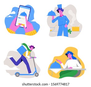 Set of modern vector illustrations. Order food online process.  Food delivery concept. Web and mobile application design. 