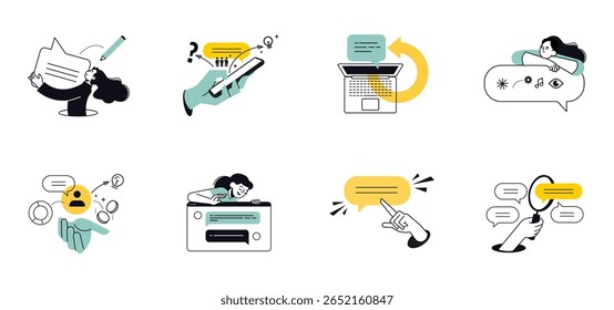 Set of modern vector illustrations showing people and hands communicating through laptops, chat bubbles, email, and messages. Perfect for digital marketing, online interaction, and tech concepts.