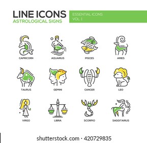 Set of modern vector line design icons and pictograms of zodiac signs. Capricorn, aquarius, pisces, aries, taurus, gemini, cancer, leo, saggitarius, virgo