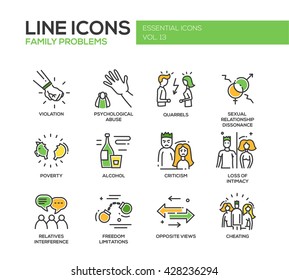 Set Of Modern Vector Line Design Icons And Pictograms Of Family Problems. Violation, Psychological Abuse, Quarrels, Poverty, Alcohol, Criticism, Loss Of Intimacy, Relatives Interference, Cheating