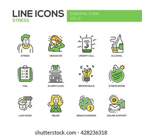 Set Of Modern Vector Line Design Icons And Pictograms Of Stress And Nervous Breakdown. Headache, Urgent Call, Alcohol, Fail, Alarm Clock, Low Mood, Relief, Online Support