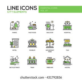Set of modern vector line design icons and pictograms of city buildings and elements. Hotel, bus stop, museum, taxi, bicycle track, wifi zone, hostel, tram, hospital, fast food, parks, amusement park