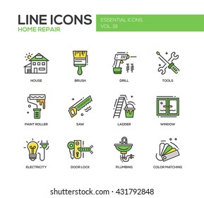 Set of modern vector line design icons and pictograms of home repair process and tools. Brush, drill, saw, paint roller, ladder, window, door lock, electrcity, plumbing, color matching