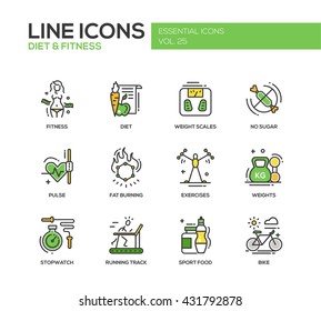 Set of modern vector line design icons and pictograms of diet, fitness and healthy lifestyle elements. Weight scales, pulse, exercises, bike, sport, sugar free food, stopwatch, running track