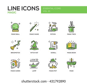 Set of modern vector line design icons and pictograms of magic and fairy tale elements. Wand, potion, trick, witch hat, broomstick, mask, lamp, cards, pot, scroll, book