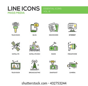 Set of modern vector line design mass media icons and pictograms. Tv, newspaper, blog, internet, radio satellite, megaphone, broadcasting, camera, snapshot
